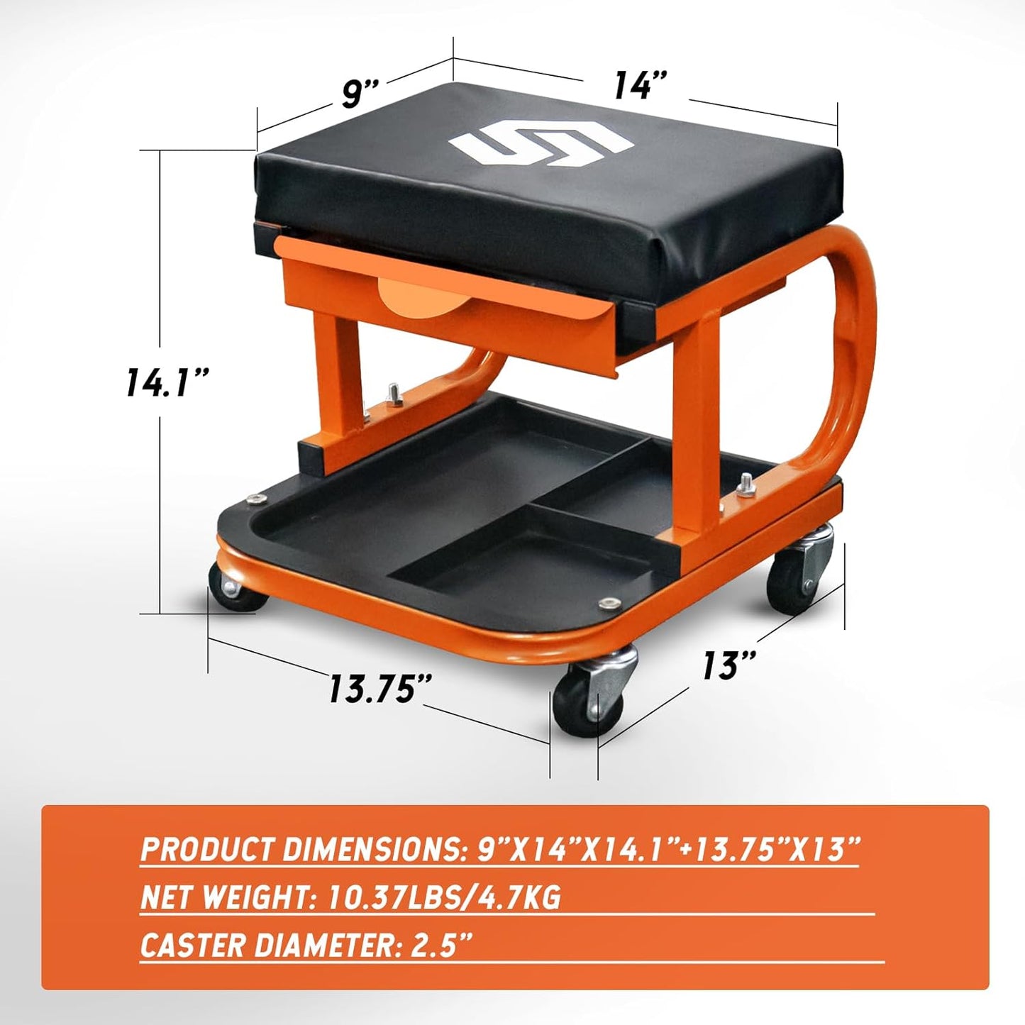 SEKAM Rolling Creeper Garage/Shop Seat, 250 LBS Capacity Padded Rolling Workshop Stool with Tool Tray Storage, Mechanic Stool for Garage, Shop, Auto Repair, Orange