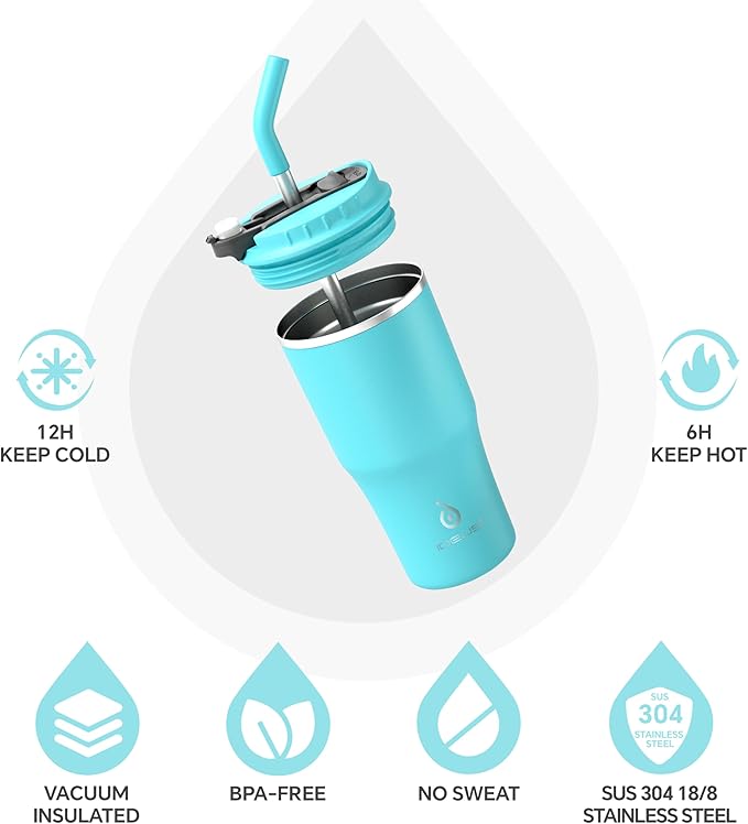 Ideus Insulated Tumbler with Lid and Straw 18 oz, Stainless Steel Double-Wall Vacuum Leak-Proof Travel Coffee Mug, Cup Holder Friendly, Sky Blue