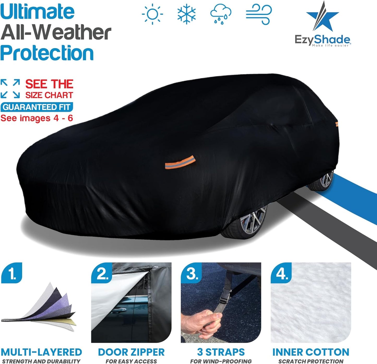 EzyShade 10-Layer Waterproof Sports Car Cover. See Vehicle Size-Chart for Accurate Fit. All Weather Full Outdoor Covers. Miata Porsche SLK Z3 Z4. Sun Snow Wind Rain. Black, Size C1 (See SizeChart)