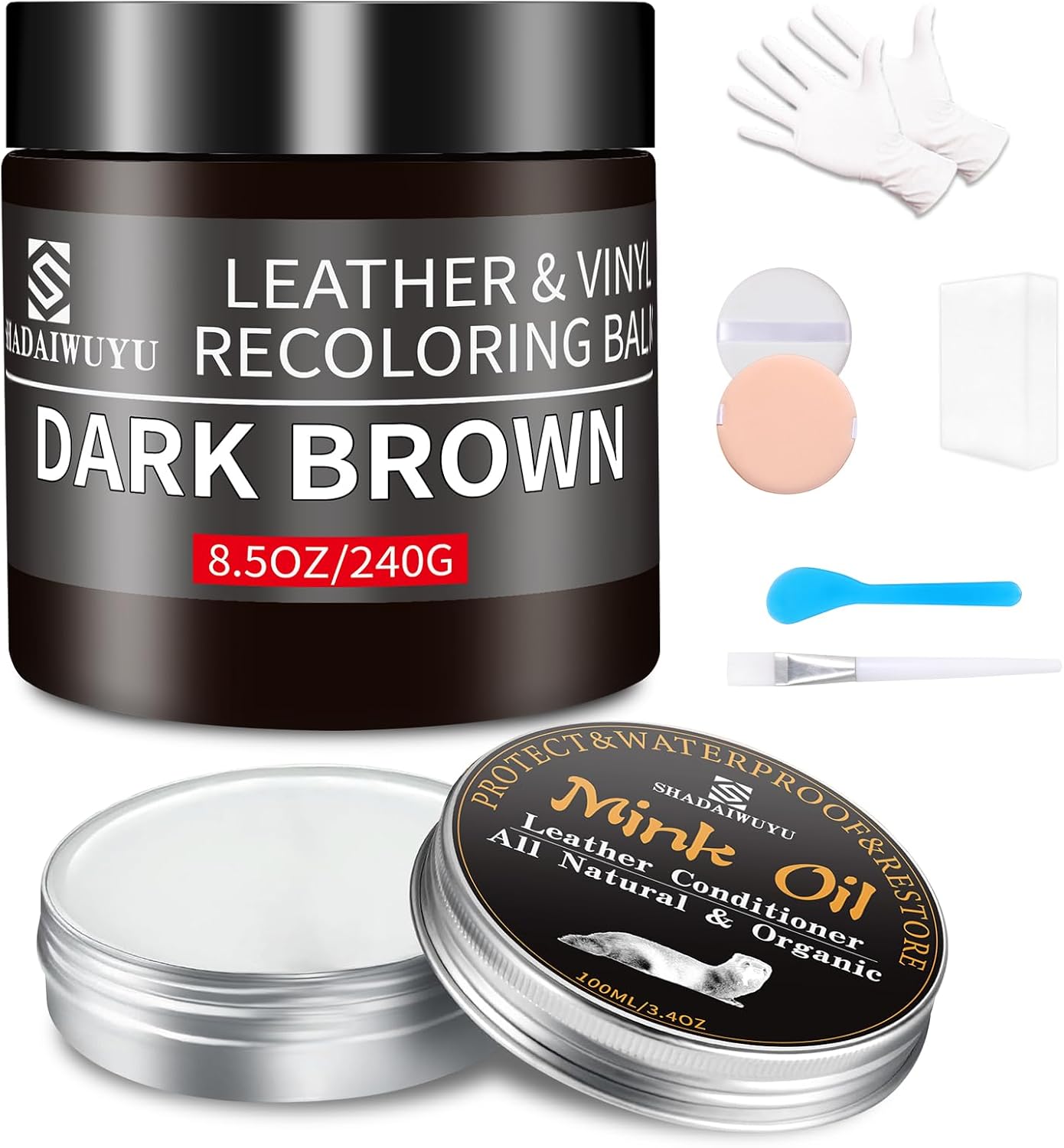 8.5oz Leather Recoloring Balm with 100ml Mink Oil,Dark Brown Leather Repair kit for Furniture and Car Interior,Leather Couch Scratch Repair,Leather Dye Paint,Mink Oil for Leather