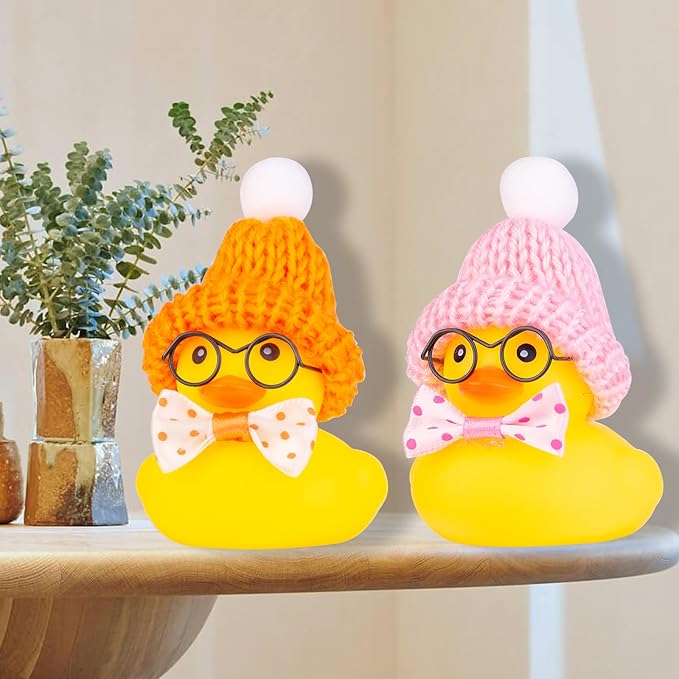 Car Rubber Duck Ornament, Winter Duck Car Dashboard Decoration with Mini Beanie Hat Bow Tie and Glasses(C4)