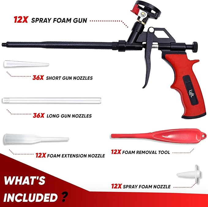 Luft Professional Expanding Foam Spray Gun (12 Insulation Guns + 36 Extenders) PU Insulating Applicator Heavy Duty Metal Body Dispensing Foam Gun Suitable for Caulking, Filling, Sealing (12 Pack)