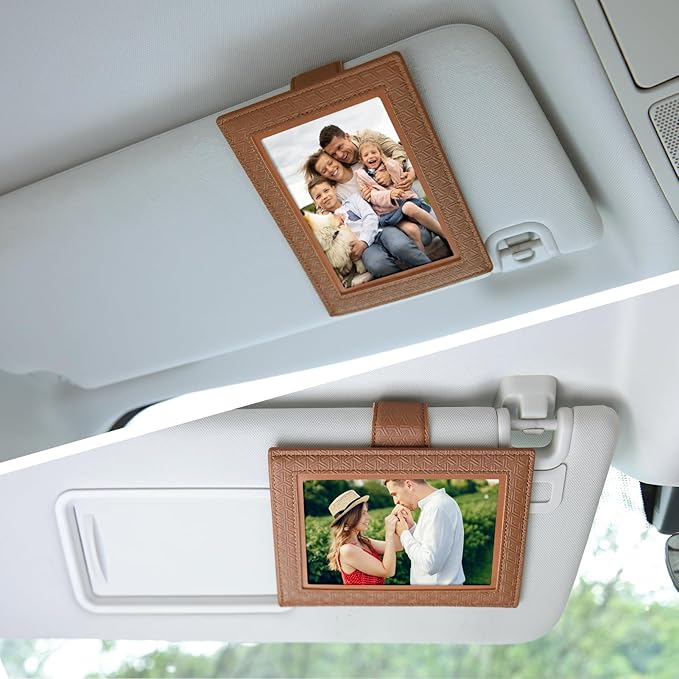 KINIVA 2 Pack Car Picture Holder - Magnetic Faux Leather Picture Frame for Safe Driving - Gift for Dad Mom Husband Wife Car Visor Accessories, Car Accessory (Fits 2.5"x3.5" Photos) (Brown)