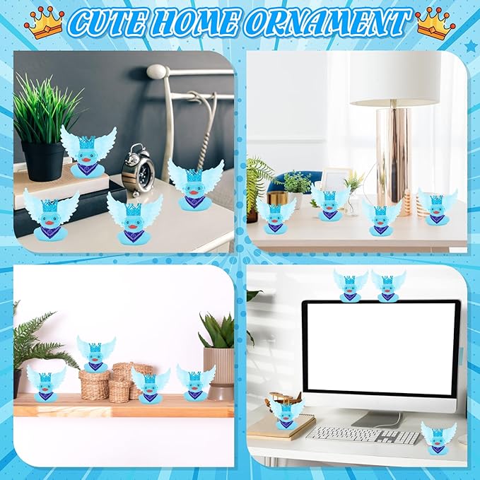 BOZILY Blue Angel Rubber Ducky Car Dashboard Decor - Squishy Rubber Duck with Blue Crown, Sunglasses, Scarf & Wing, Stress Relief Car Accessory for Adults, Includes Adhesive Stickers
