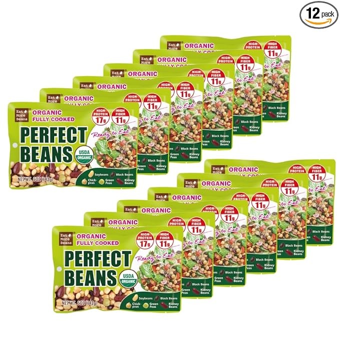 【Eat More Beans】Organic Fully Cooked Perfect Beans - Economy Pack, USDA Vegan Vegetarian Healthy Food- Variety of Organic Edamame, Chickpea, Black Beans, Green Peas, Kidney Beans (12 Packs, 5 oz)