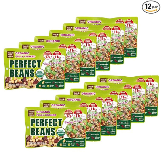 【Eat More Beans】Organic Fully Cooked Perfect Beans - Economy Pack, USDA Vegan Vegetarian Healthy Food- Variety of Organic Edamame, Chickpea, Black Beans, Green Peas, Kidney Beans (12 Packs, 5 oz)