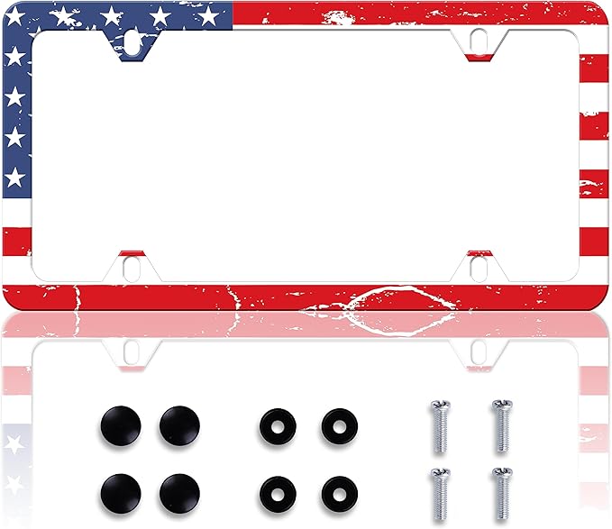 Vintage American Flag License Plate Frame Patriotic License Plate Frames Personalise Stainless Steel Funny Design Compatible with Standard License Plate Holder for USA and Canada 6 X 12 with Screws