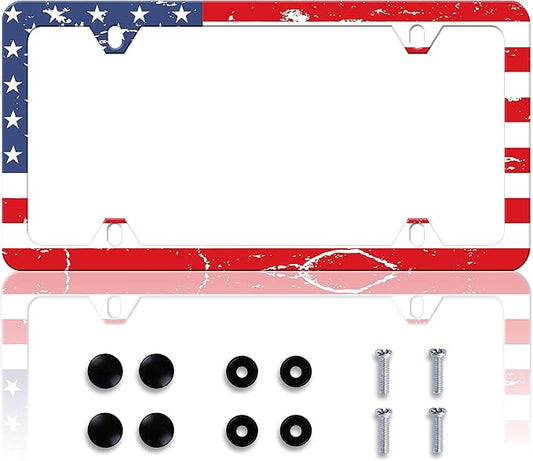 Vintage American Flag License Plate Frame Patriotic License Plate Frames Personalise Stainless Steel Funny Design Compatible with Standard License Plate Holder for USA and Canada 6 X 12 with Screws