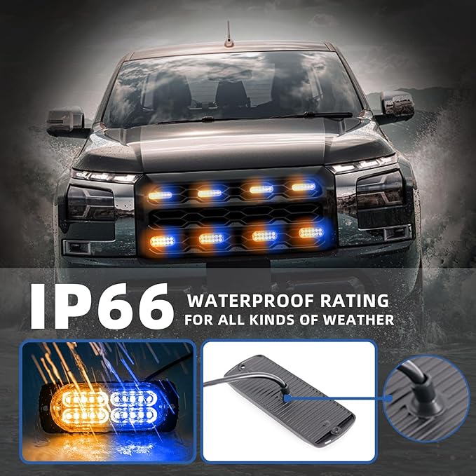 8pcs Sync Feature Emergency Strobe Grille Lights LED Ultra Slim Surface Mount Flashing Hazard Warning Light Bar with Controller for Firefighter/Construction/Trucks/Vehicles/Car (Amber/Blue)