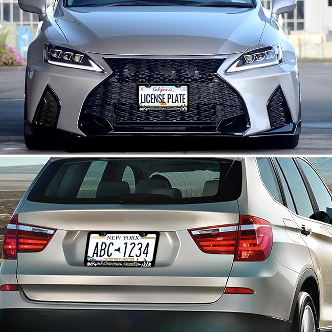 Adventure Awaits License Plate Frames - 2 PCS Personalized Mountain Camping Aluminum Metal License Plate Frames Holder, Car Decorative Tag Frames with Screws Fasteners Caps