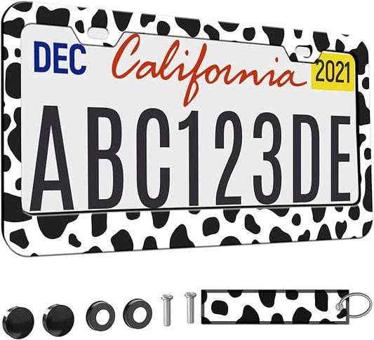 1pcs Cow White Black spot License Plate Frame for Women, Animal Cow Print car Decorative tag Frames Girly, Cute Metal License Plate Cover Holder for Vehicle with Double Sided car Keychain tag
