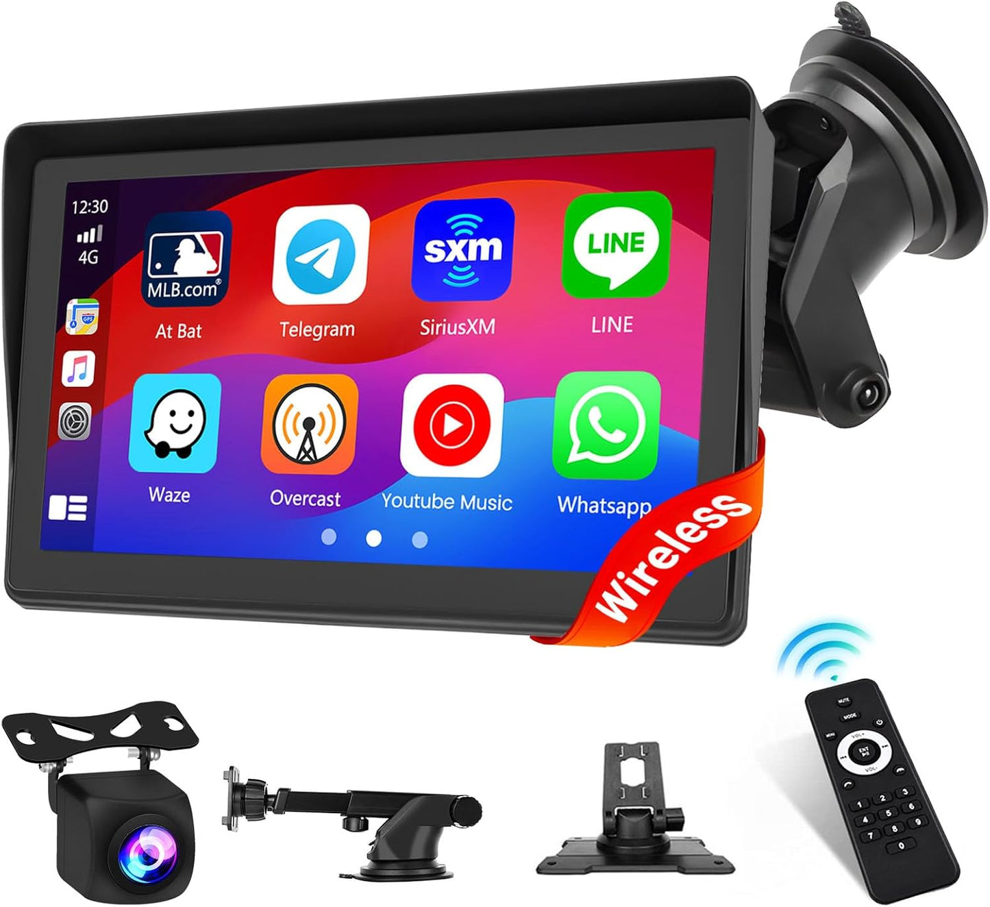 Hikity Wireless Carplay Android Auto Portable Car Stereo 7 Inch Touchscreen Car Screen with Airplay, Voice Control, Bluetooth, FM, USB/TF/Av Input, Dash and Windshield Mount, Backup Camera