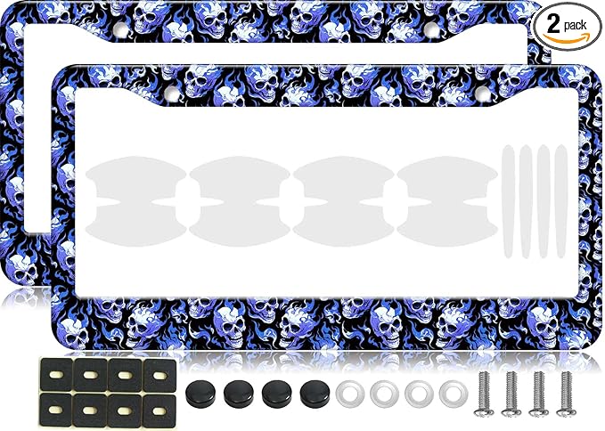 2PCS Blue Skull Fire Pattern License Plate Frames for Men Women - Universal Aluminum Stainless Steel Personalized Car Tag Covers Holder with Screws, Caps, Rattle Proof Pads and Handlebar Stickers