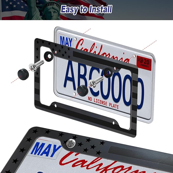 BGGTMO American Flag License Plate Frames- 2 Pack Black Grey Patriotic USA Aluminum Car Tag Holder Cover for Front Rear, with Screws Caps