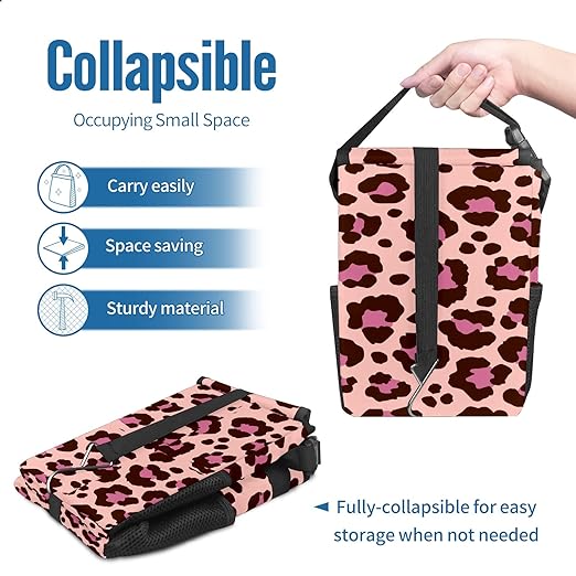 Car Trash Can Leopard Pink and Black Print Wate-rproof Auto Garbage Bag Car Trash Can with Lid Leak-Proof Car Storage Bag Hanging for Headrest Collapsible and Portable with Storage Mesh Pocket