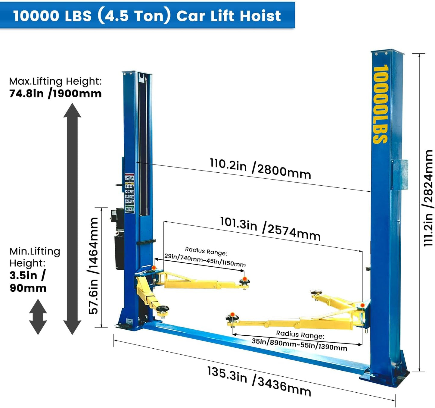 110V Two Post Car Lift 10,000 LBS Heavy Duty Floor Plate 2 Posts Auto Hoist Truck Lift for Garage w/ 36 Months Parts Replacement