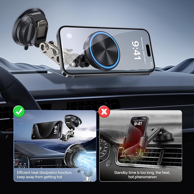 This Hill 15W Magnetic Wireless Car Charger Mount, Compatible with MagSafe, Phone Holder with 360° Suction Cup & Aluminum Alloy Telescopic Arm Compatible with iPhone 16 Pro Max 15 14 13 12