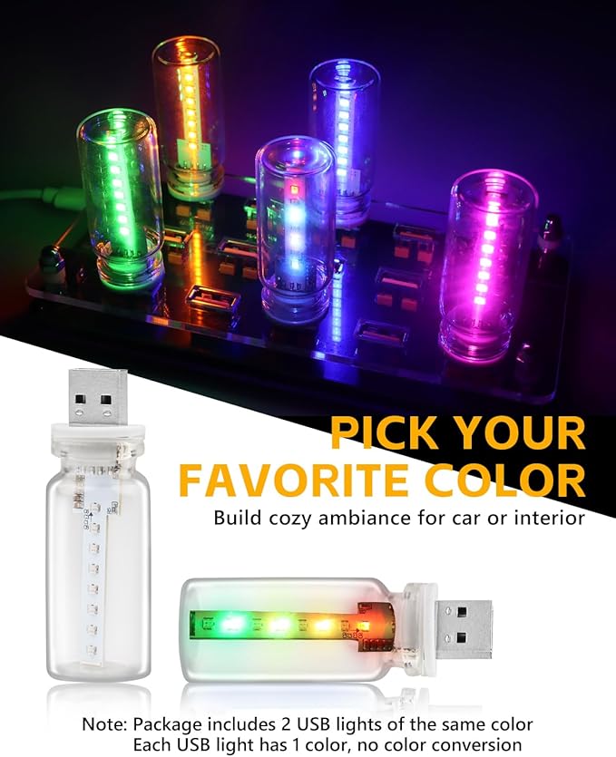 2 PCS USB Light for Car, Touch Control Mood Light with 7 Color Modes, Nightstand, Dimmable LED Light Strip for Car, Camping, Party – Portable, Low Power (Clear Lens)