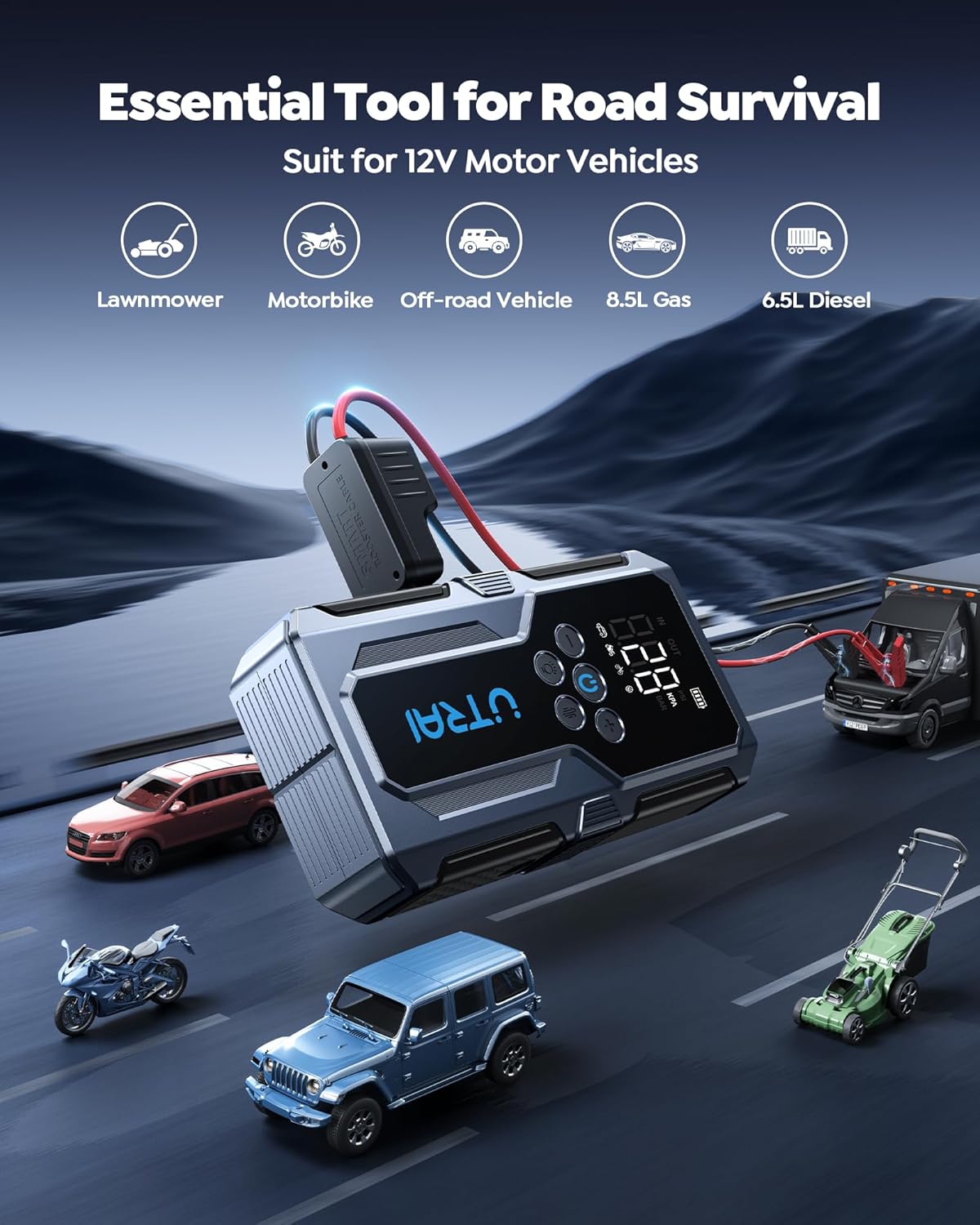 Car Jump Starter with Air Compressor, UTRAI 4000A 150PSI Car Jump Starter 12V Car Jumper Starter Portable Car Starter with LED Lights Jumper Cable, Storage Case (8.5L Gas/6.5L Diesel)