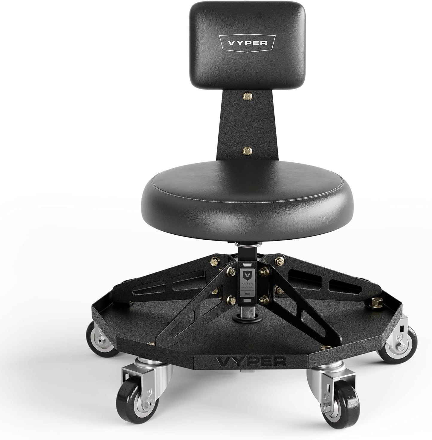 Vyper Robust Steel Sport Shop Chair for Mechanics, Automotive, DIY - 300 lb Capacity Garage Stool with Backrest & Large Wheels (Black Seat, Black Frame)