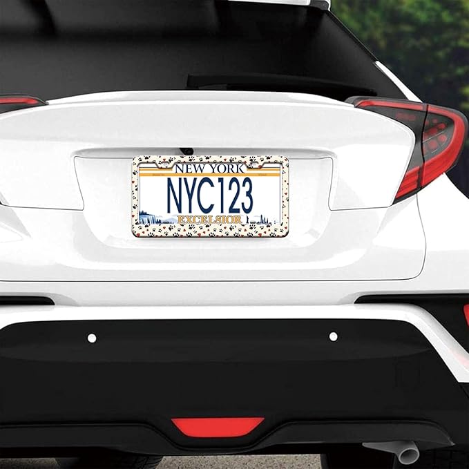 1-Pack Dog Cat Paw License Plate Frames for Women Man, 2 Holes Cute paw Print Aluminum License Plate Holder, Pink Heart License Plate Cover fits US Vehicles 12.3" x 6.3" with Keychain Wrist Lanyard