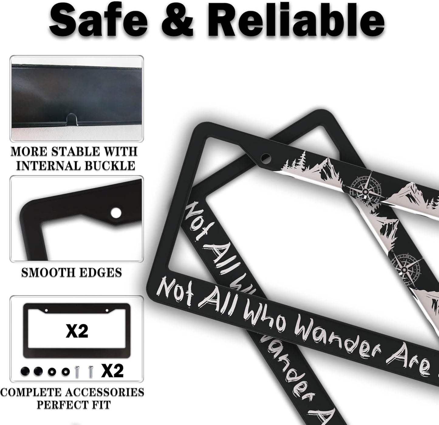 Metal License Plate Frame Black and White License Plate Frames Not All Who Wander are Lost Universal Aluminum Car Accessory 2 Pack with Screw Covers Set