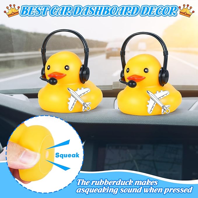BOZILY Rubber Duck with Headphones & Airplane, DIY Yellow Rubber Duck Car Dashboard Decorations, Stress Relief Decoration for Car, Home, Office