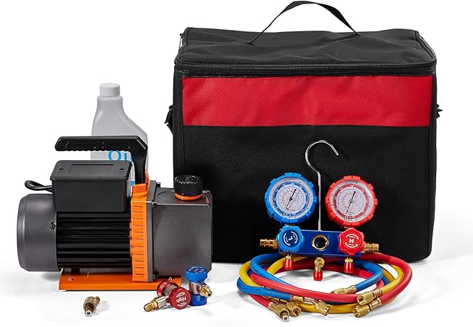 SUNROAD HVAC Air Vacuum Pump Set, 3.6 CFM 1/4HP A/C Refrigeration AC Manifold Gauge Kit for R410A R134a R12 R22 R502 Auto Air Conditioning Refrigeration Recharging