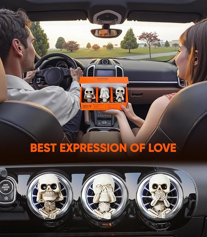 Skull Decor Halloween Car Air Freshener Vent Clips, Goth Decor Interior, Gothic Cool Decoration Horror Skeleton Dashboard Accessories Spooky, Cute Funny Gifts for Men Women
