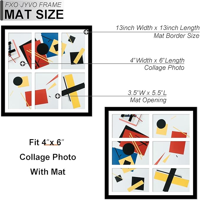 4x6 Picture Frame Collage, Display 6 4x6 Picture Collage or 13x13 Photo Only Without Mat, Light Weight and High Transparent Frame for Wall - 1 Pack/Black/6-Openings