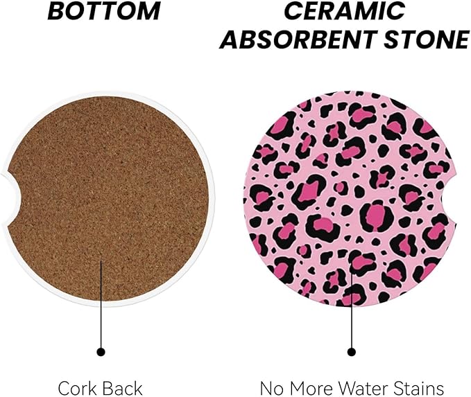 ABLESKY Car Coasters for Cup Holders, 2 Pack Absorbent Anti Slip Car Cup Holder Coasters, 2.56 Inch Ceramic Universal Size Auto Interior Accessories Women Men-Pink Leopard Spots