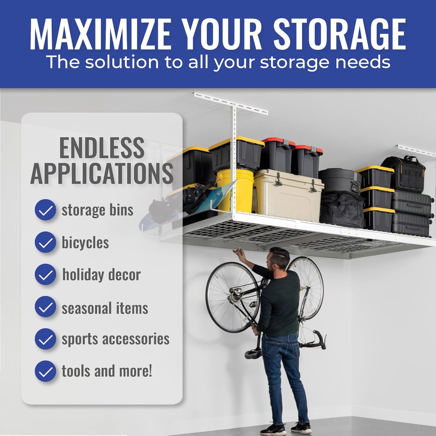 SafeRacks 4x8 Overhead Garage Storage Rack Heavy Duty - White (12"-21") - Holds 600 lb