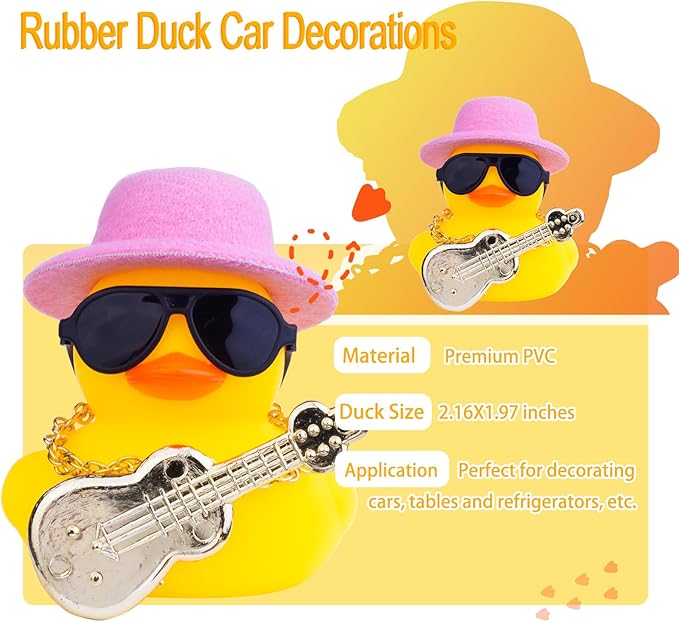 Car Rubber Duck Ornaments Yellow Duck Car Dashboard Decorations with Mini Top Hat Guitar Sunglasses Necklace(G3)