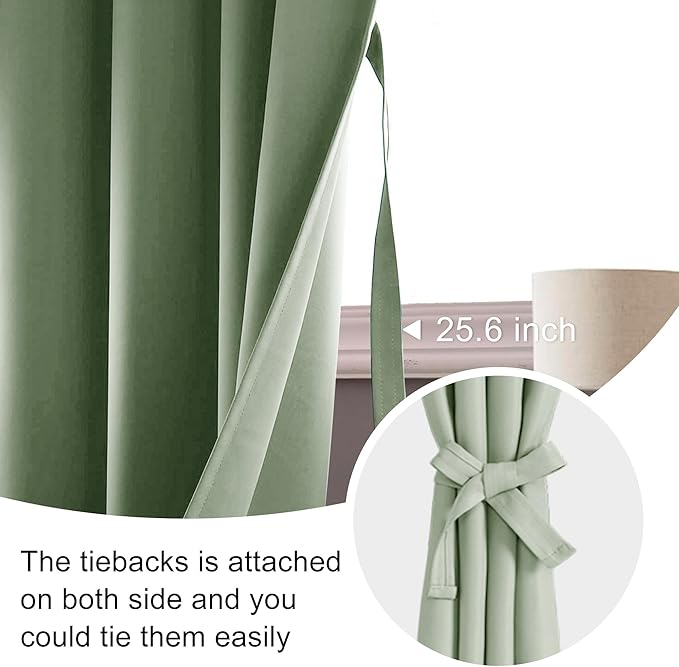 JIUZHEN Blackout Curtains for Bedroom - Thermal Insulated Room Darkening Noise Reducing, 52 x 45 Inch Length Curtains for Living Room, Set of 2 Panels with Tiebacks, Light Green