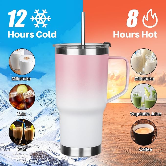 20 oz Tumbler with Handle, Stainless Steel Insulated Tumbler with Lid and Straw, Double Wall Vacuum Coffee Mug Tumbler, Insulated Coffee Thermal Cup for Cold and Hot (Pink White)