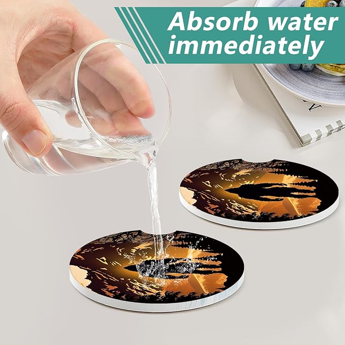 2 Pack Car Cup Holder Coasters - Bigfoot Mountains Forest Moon Absorbent Ceramic Coaster, Car Coasters for Cup Holders, Car Interior Accessories for Women Men