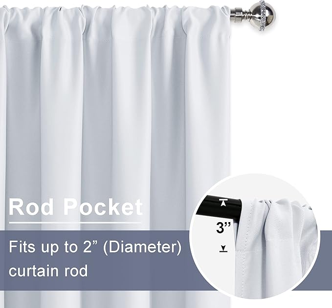 JIUZHEN Room Darkening Curtains - Thermal Insulated Window Curtains, Rod Pocket Curtains for Bedroom Living Room Office, Blackout Curtain 2 Panels with Tiebacks, 60 x 96 Inch, Greyish White