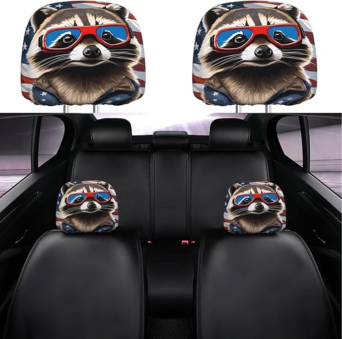 Dujiea 2 Pack Raccoon American Flag Car Headrest Covers, Universal Soft Car Seat Head Rest Cover Protector, Vehicle Accessories Fabric Headrest Cover for Cars Vans Trucks