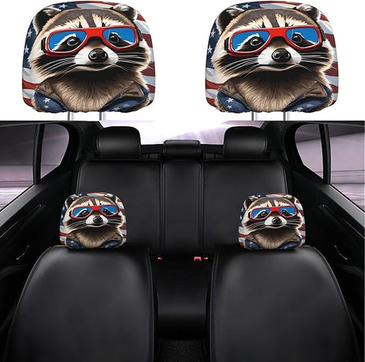 Dujiea 2 Pack Raccoon American Flag Car Headrest Covers, Universal Soft Car Seat Head Rest Cover Protector, Vehicle Accessories Fabric Headrest Cover for Cars Vans Trucks