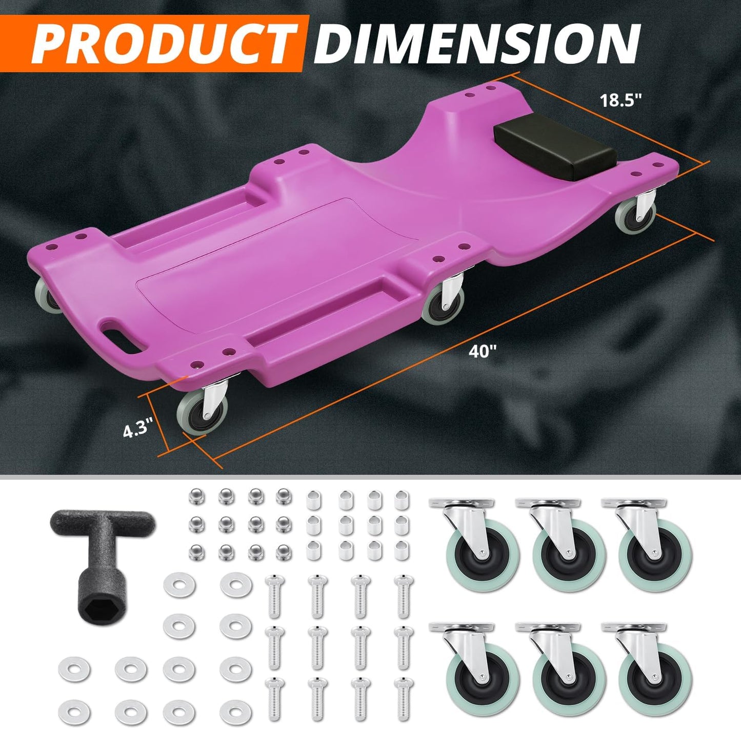 DNA MOTORING 40" L X 19" W Vehicle Repair Low Profile Plastic Rolling Garage Shop Creeper with Padded Headrest,Tool Trays & 6pcs Casters, Purple, TOOLS-00217-PR