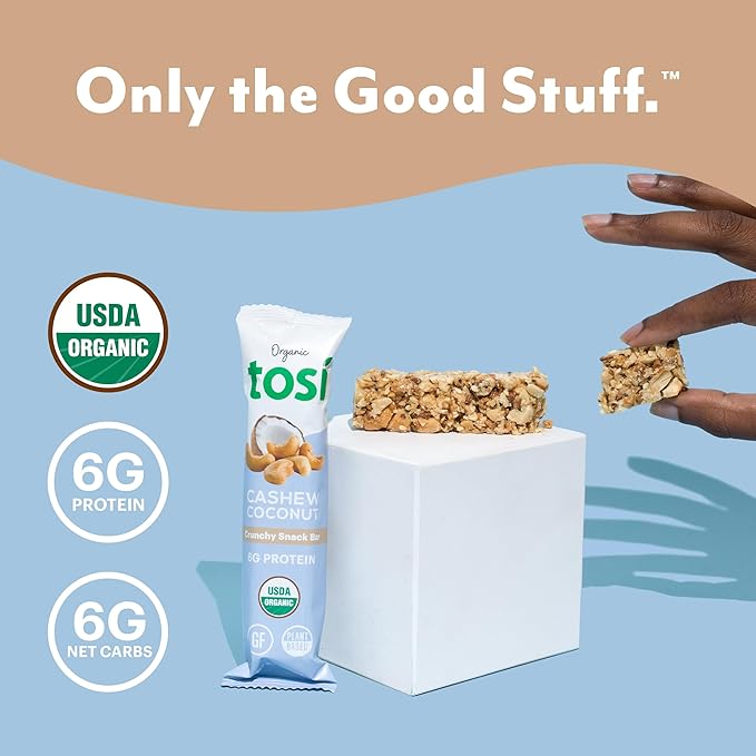 Tosi Cashew Coconut and Dark Chocolate Peanut Protein Bars Combo, Plant Based with Nuts, Gluten-Free Crunchy Snacks, Vegan, Organic, Flax & Chia Seeds, Soy-Free, Omega 3s, 6G/8G Protein, 1 oz, 12-Pack