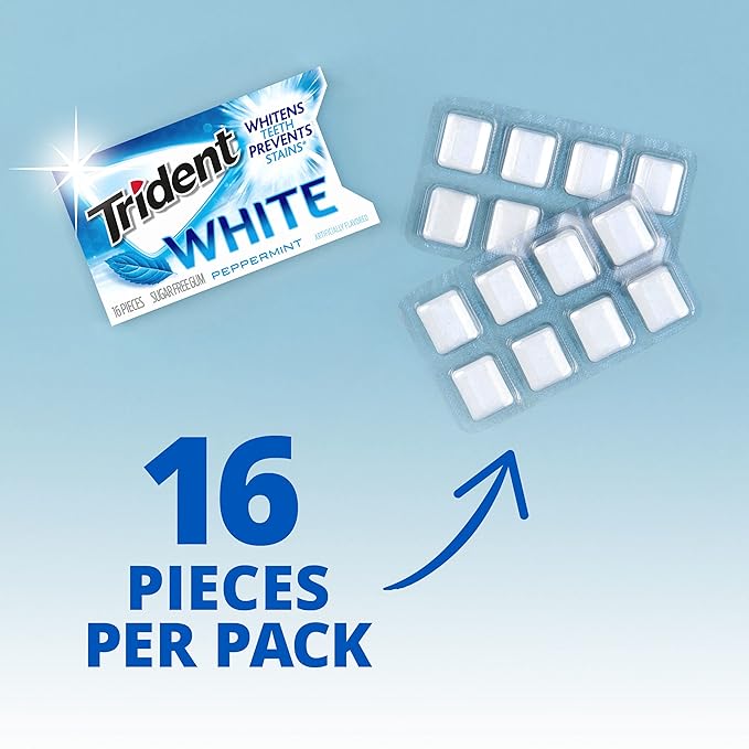 Trident White Peppermint Sugar-Free Chewing Gum, 9 Packs of 16 Pieces (144 Total Pieces)