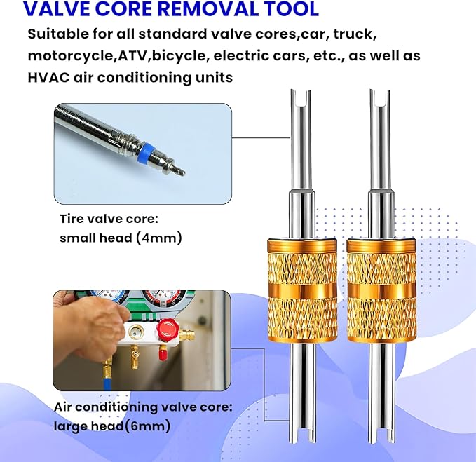6 Pcs Tire Valve Stem Removal Tool Kit, Tyre Air Conditioner Valve Stem Core Remover Tool Single Dual Heads Air Conditioning Valve Core Remover Tool