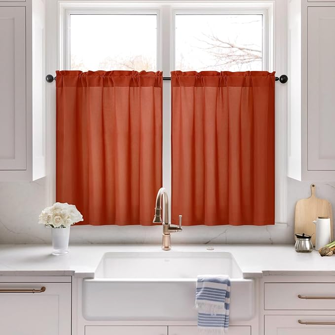 HOMEIDEAS Non-See-Through Fall Burnt Orange Privacy Sheer Kitchen Curtains, 30 X 36 Inches Long 2 Panels Short Sheer Curtains Light Filtering Bathroom Window Drapes for Bedroom Living Room