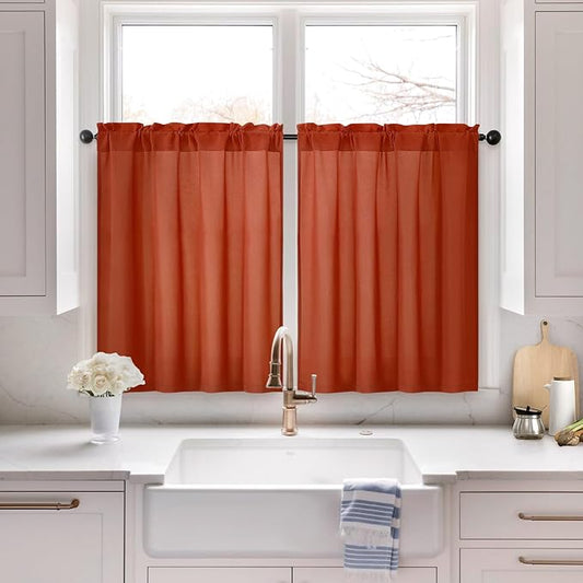 HOMEIDEAS Non-See-Through Fall Burnt Orange Privacy Sheer Kitchen Curtains, 30 X 36 Inches Long 2 Panels Short Sheer Curtains Light Filtering Bathroom Window Drapes for Bedroom Living Room