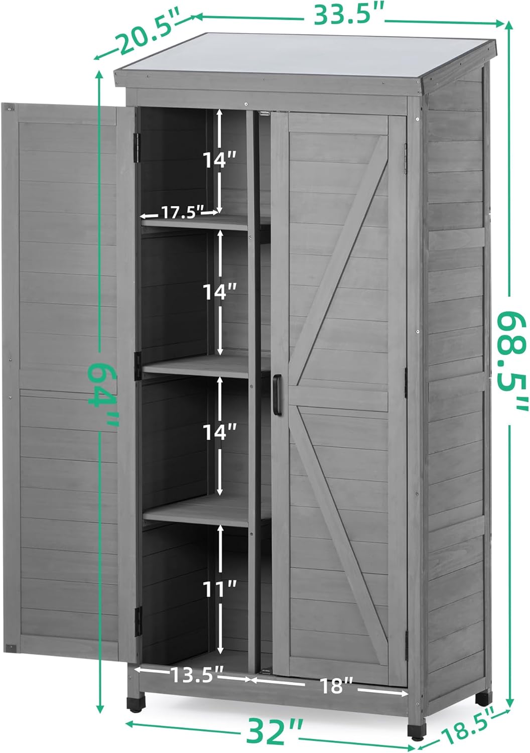 Outdoor Storage Shed Waterproof, Potting Shed with Storage Cabinet and Metal Table Top for Backyard Garden Patio, Outdoor 68 Inches Wood Tall Shed