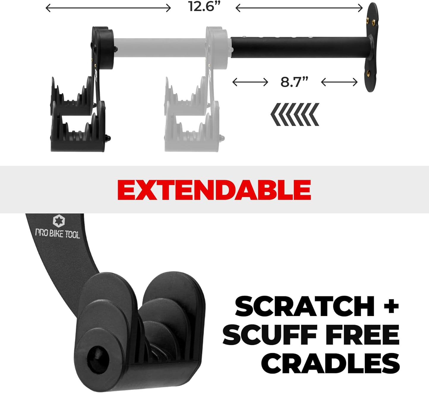 PRO BIKE TOOL Bike Rack Garage Wall Mount - Durable Alloy Bicycle Storage System with Adjustable Bike Hook Hanger for Indoor Use - Ideal for Road, MTB, and Hybrid Bikes - Holds Up to 48.5 lbs, Black