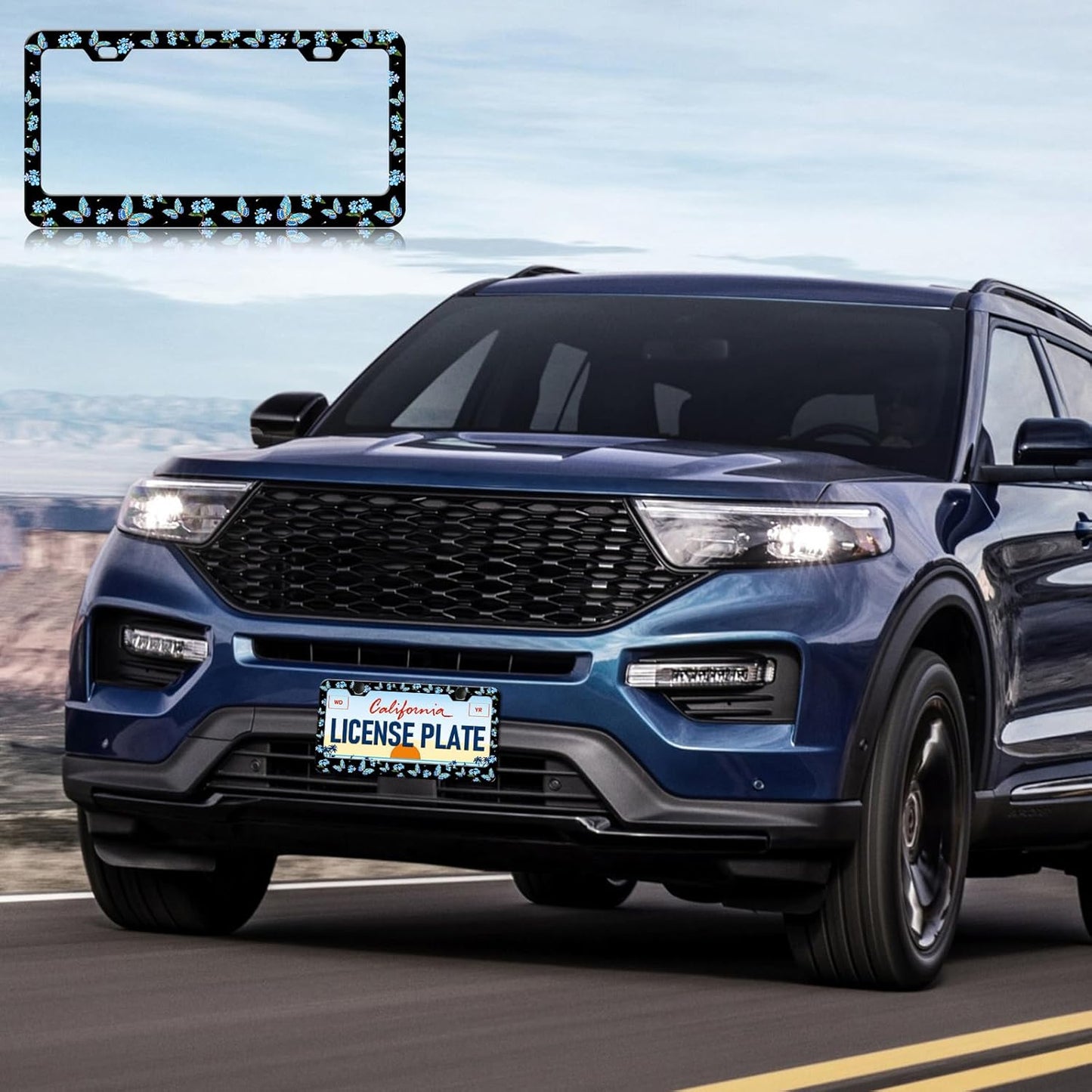 Blue Flower Butterfly License Plate Frames - 2 Pack Beautiful Butterfly Stainless Steel License Plate Holder,Rust-Proof Waterproof Car Decorative Tag Frame with Screws Fasteners Caps