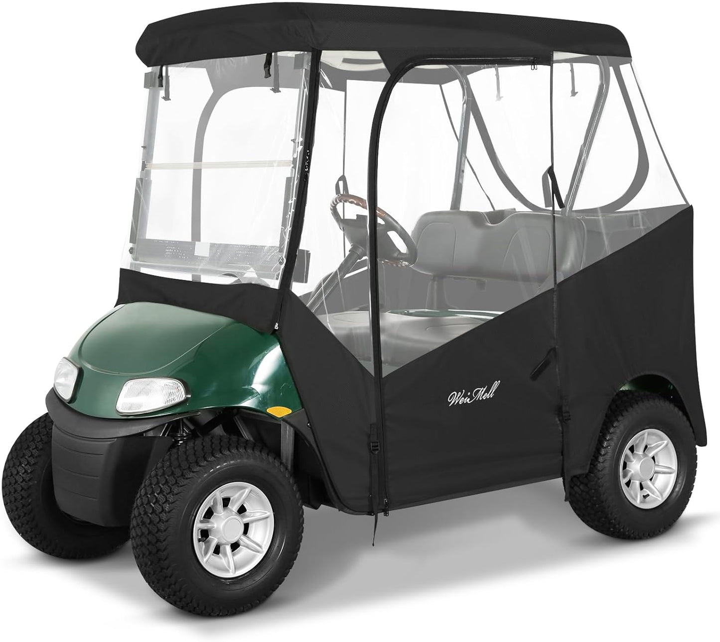 Golf Cart Enclosure 2 Passenger for EZGO TXT & RXV 2-Person Seaters Waterproof Transparent Driving Rain Enclosure Cover with 4-Sided Clear Windows Mirror Zipper Roll-Up Door Black