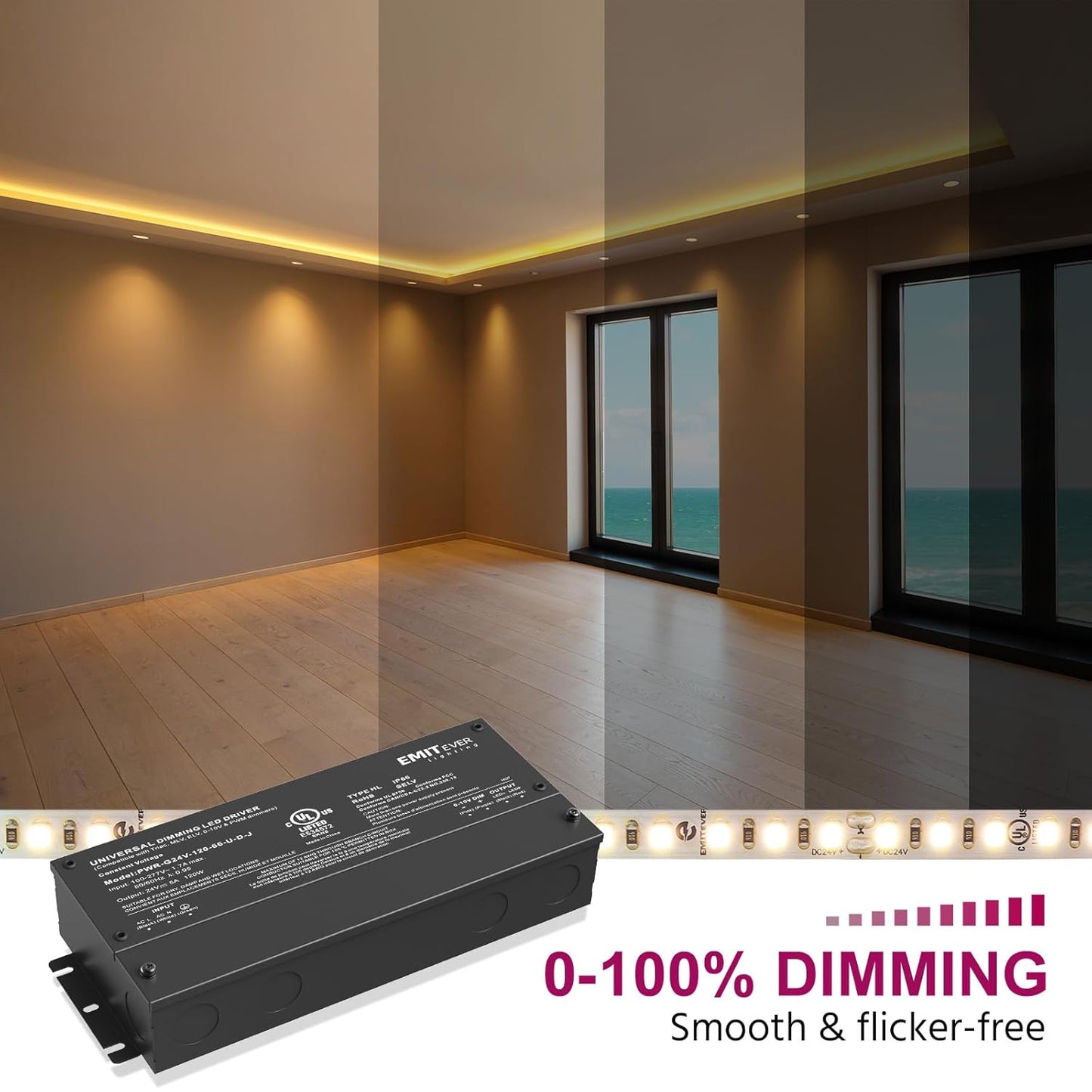 EMITEVER 120W Dimmable LED Driver, 24V Triac Dimmable Power Supply, AC to DC Transformer for LED Light, Compatible with Lutron and Leviton Dimmer, Waterproof IP67 and UL Listed
